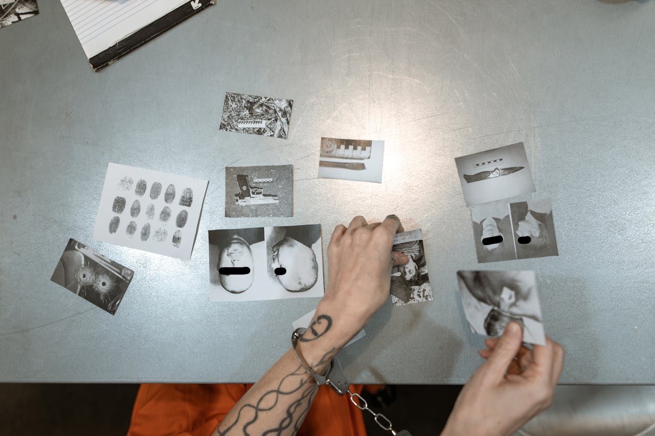 A handcuffed person examines evidence photos on a table, indicating a crime investigation scene indoors.
