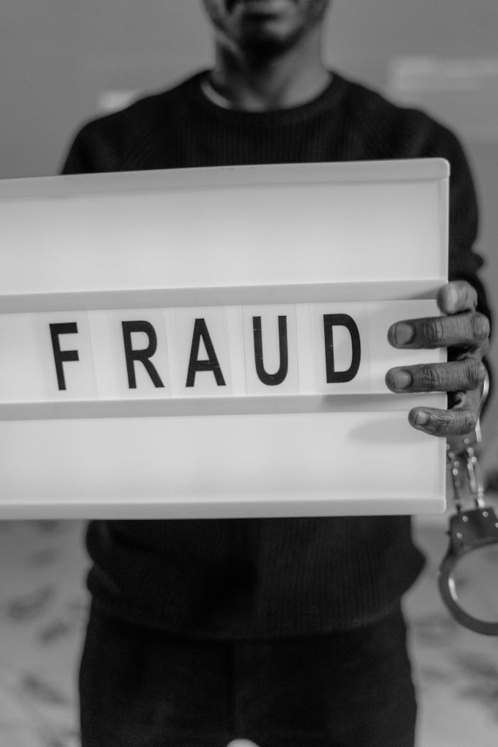Grayscale photograph of a handcuffed individual holding a letter board with the word 'FRAUD'.